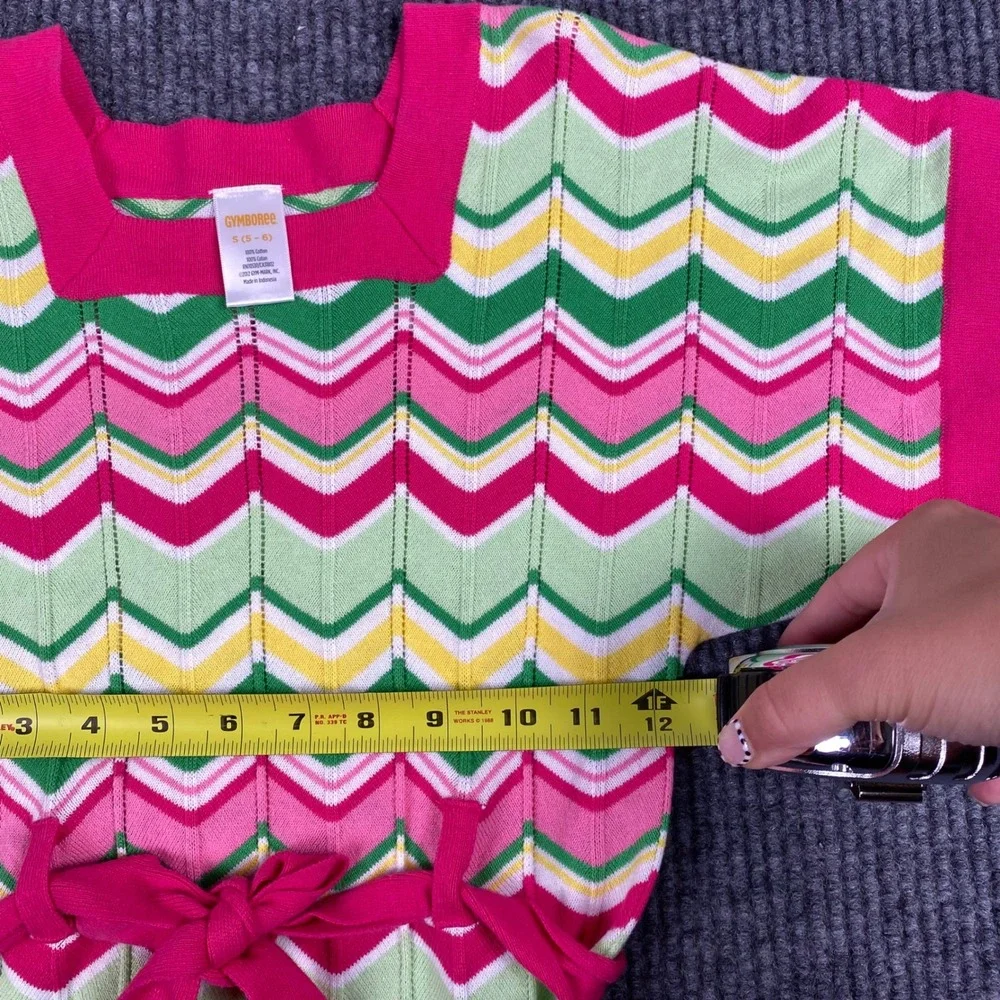 Gymboree Girls Pink Green Chevron Knit Sweater Dress Tie Waist Size S 5-6